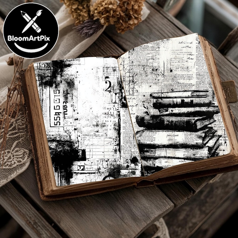 Black & White Distressed Junk Journal Kit 200 Vintage Grunge Printable ...