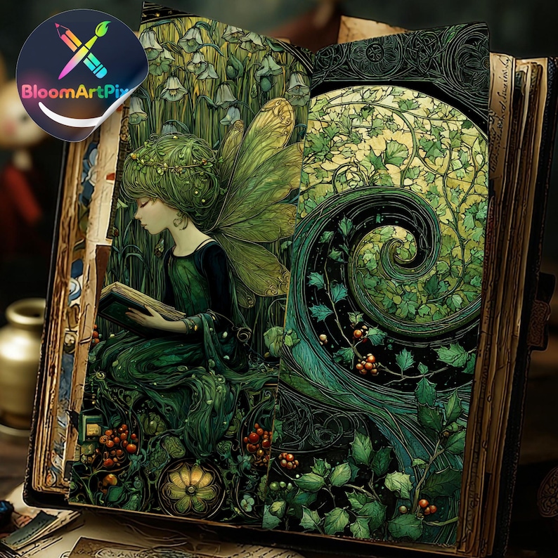 Botanical Celtic Junk Journal Pages, Green Shabby Forest Fantasy Paper ...