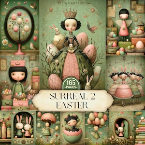 May include: A whimsical collage featuring surreal Easter-themed illustrations. The artwork includes figures with large eyes, Easter eggs, rabbits, and decorative elements. The text "SURREAL 2 EASTER" is displayed prominently, with "165 PAGES" in a circle.