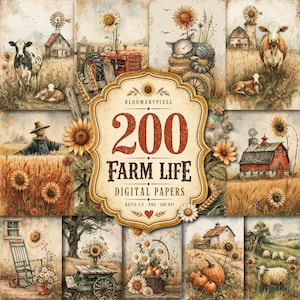 May include: A digital paper collection titled 200 FARM LIFE DIGITAL PAPERS featuring rustic illustrations of cows, sheep, sunflowers, barns, tractors, pumpkins, and a rocking chair in a warm, vintage-inspired color palette with a textured finish.