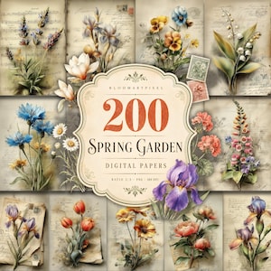 Op de afbeelding: Een collectie digitaal papier met botanische illustraties in vintage-stijl van lavendel, irissen, viooltjes, lelies, korenbloemen, tulpen en vingerhoedskruid op verouderde perkamentachtergronden met de tekst 200 SPRING GARDEN DIGITAL PAPERS.