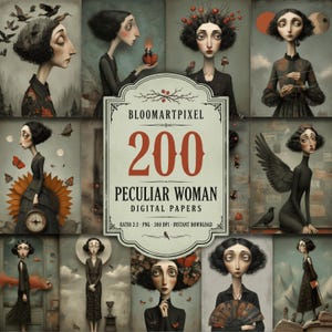 Puede incluir: Una colección digital de 200 papeles digitales Peculiar Woman de Bloomartpixel. La imagen muestra un collage de varias ilustraciones con figuras estilizadas de cabello oscuro, vestidas de negro, rodeadas de elementos como pájaros, mariposas, flores y relojes en una paleta de colores apagados.