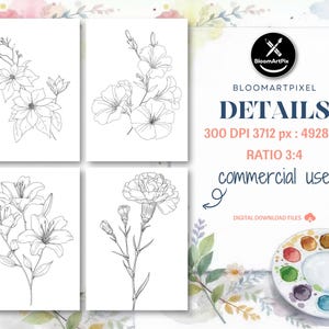 May include: Four botanical line art prints of flowers, including lilies and carnations, on white backgrounds. The image also includes a watercolour palette, paintbrushes, and text that reads "BloomArtPix DETAILS 300 DPI 3712 px : 4928 px RATIO 3:4 commercial use".