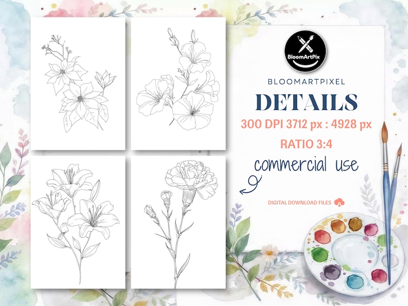 May include: Four botanical line art prints of flowers, including lilies and carnations, on white backgrounds. The image also includes a watercolour palette, paintbrushes, and text that reads "BloomArtPix DETAILS 300 DPI 3712 px : 4928 px RATIO 3:4 commercial use".