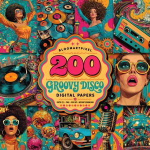 Może przedstawiać: Cyfrowy kolaż zawierający 200 cyfrowych papierów Groovy Disco z żywymi obrazami w stylu retro, w tym płytami winylowymi, kulami dyskotekowymi, kasetą, zabytkowym samochodem, mikrofonami oraz stylizowanymi portretami osób z afro i okularami.