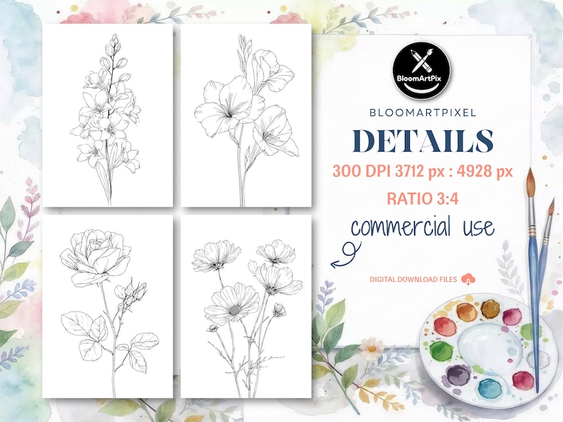 May include: Four monochrome floral line art prints on white backgrounds. The prints depict detailed drawings of different flowers. The image also includes a watercolour palette, paintbrushes, and text that reads "BloomArtPix" and "commercial use."