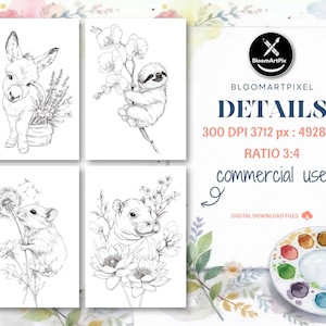 May include: Four black and white line art illustrations of animals: a donkey with flowers, a sloth on a branch, a mouse with a dandelion, and a cow with flowers. The image also includes the text "BloomArtPix", "DETAILS", "commercial use", and other details.