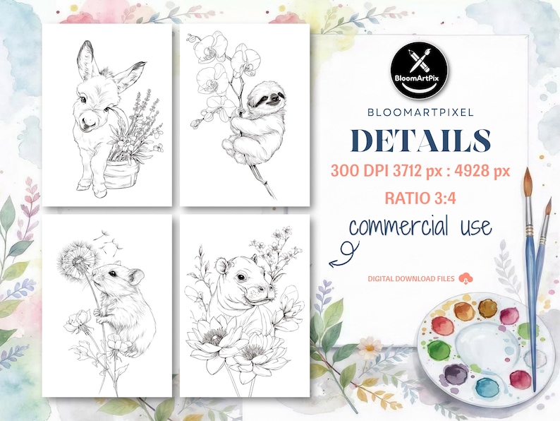 May include: Four black and white line art illustrations of animals: a donkey with flowers, a sloth on a branch, a mouse with a dandelion, and a cow with flowers. The image also includes the text "BloomArtPix", "DETAILS", "commercial use", and other details.