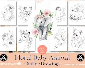 60+ Floral Baby Animal Coloring Pages, Outline Drawings, Printable Art (Digital Download)
