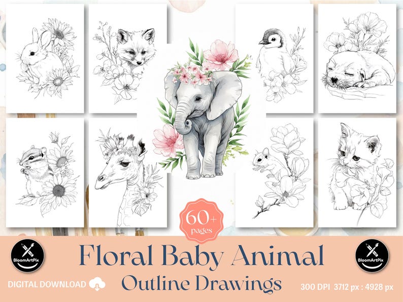 May include: A collection of digital outline drawings featuring baby animals with floral accents. The drawings include a rabbit, fox, elephant, penguin, puppy, chipmunk, giraffe, mouse, and kitten. The text reads "Floral Baby Animal Outline Drawings" and "60+ pages".
