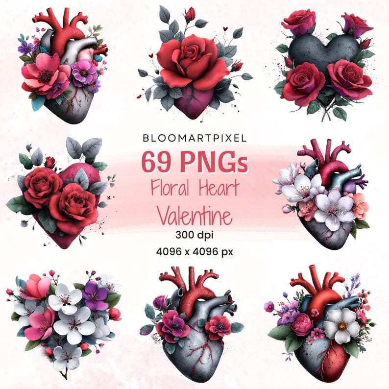 69 Anatomical Heart PNG Bundle Floral Valentine Clipart Watercolor ...