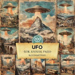 Peut inclure: Un collage d'impressions d'art de style vintage représentant des ovnis au-dessus de divers paysages. L'image centrale montre un ovni au-dessus d'une montagne. Le texte "UFO - Junk Journal Pages" est affiché sur un parchemin. Les impressions ont un aspect vieilli.