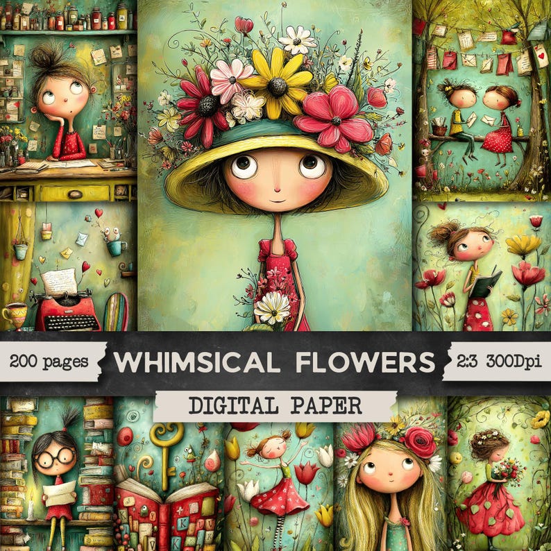 May include: A digital paper collection titled WHIMSICAL FLOWERS featuring 200 pages at 300Dpi. The artwork displays various illustrations of characters with large eyes in garden settings, wearing floral hats, reading books, and using typewriters.