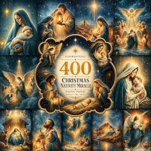以下が含まれることがあります： BLOOMARTPIXEL 400 CHRISTMAS NATIVITY MIRACLE DIGITAL PAPERSというテキストが中央に配置された、キリスト降誕、天使、聖家族の様々なシーンを描いた青と金のトーンの400種類のクリスマス・ナティビティ・ミラクル・デジタルペーパーのデジタルコレクション。