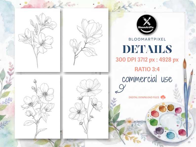 60+ Flower Outlines Adult Coloring Pages DIY Paint Art Kit Template (Digital Download) image 6