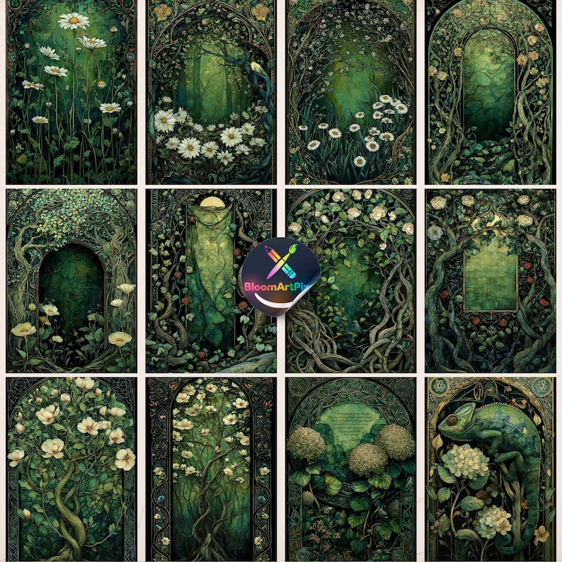 Botanical Celtic Junk Journal Pages, Green Shabby Forest Fantasy Paper ...