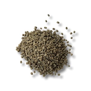 May include: A large pile of raw, unroasted green coffee beans. Each bean features a distinct oval shape with a central crease, displaying a pale, muted olive-green color. The beans are scattered in a dense, irregular cluster on a white surface.