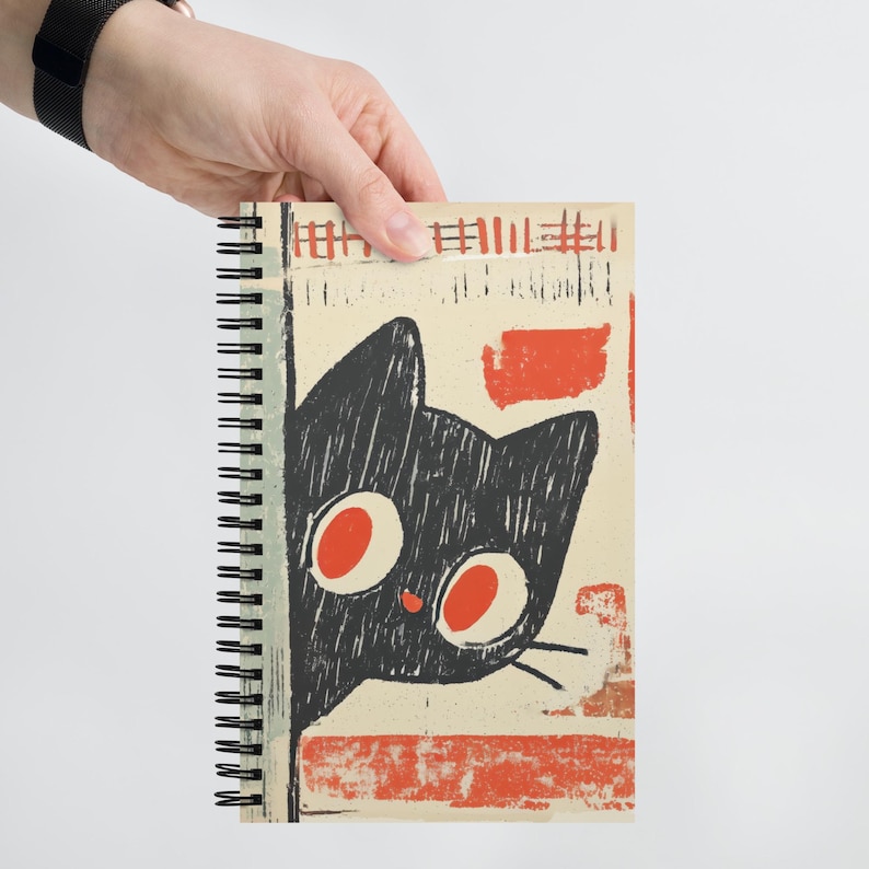 Black Cat Abstract Spiral Notebook, Cute Retro Art Journal, Dotted Pages Sketchbook