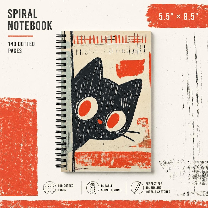 Peut inclure: Cahier &agrave; spirale avec une illustration de chat noir et des accents rouges. Le cahier contient 140 pages pointill&eacute;es et une reliure spirale durable. Le cahier mesure 14 x 21,6 cm et est parfait pour le journal intime, les notes et les croquis.