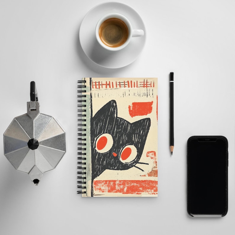 Black Cat Abstract Spiral Notebook, Cute Retro Art Journal, Dotted Pages Sketchbook