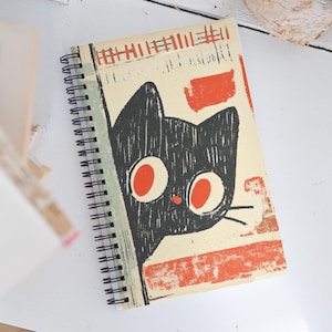 Black Cat Abstract Spiral Notebook, Cute Retro Art Journal, Dotted Pages Sketchbook
