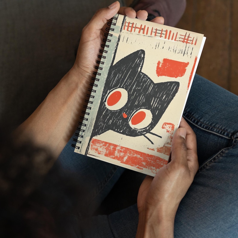 Black Cat Abstract Spiral Notebook, Cute Retro Art Journal, Dotted Pages Sketchbook