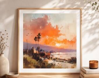 Poster abstrait paysage côtier coucher de soleil, impression d'art mural ciel orange, décoration nature moderne