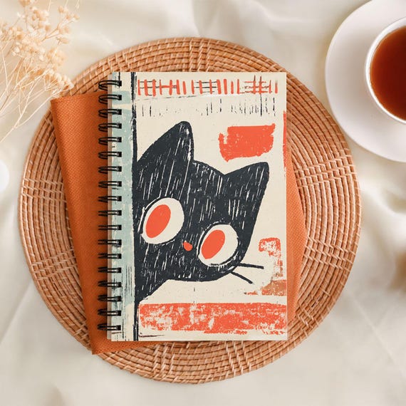 Retro Black Cat Journal, Dotted Spiral Notebook, Minimalist Art Sketchbook