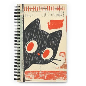 Black Cat Abstract Spiral Notebook, Cute Retro Art Journal, Dotted Pages Sketchbook