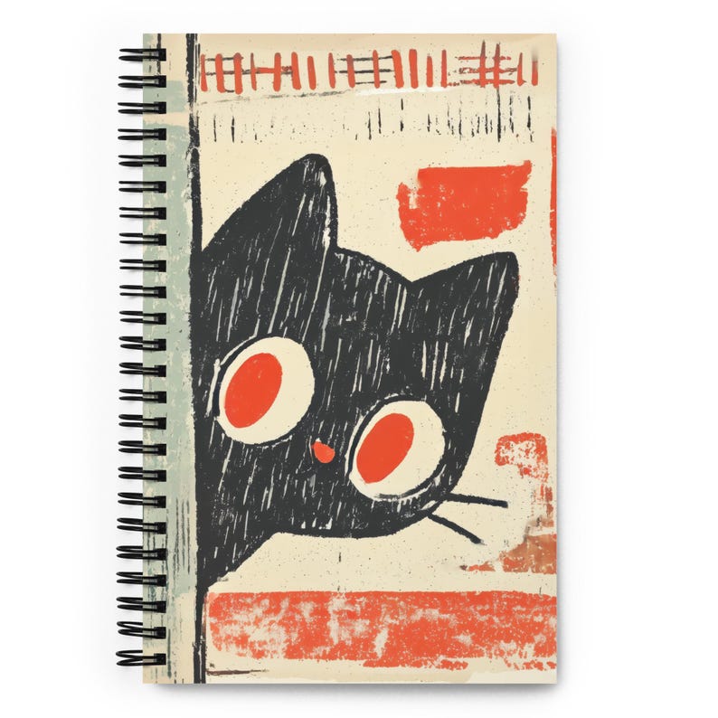 Black Cat Abstract Spiral Notebook, Cute Retro Art Journal, Dotted Pages Sketchbook