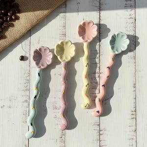 Whimsical Wavy Handle Flower Ceramic Spoon | Pastel Dessert & Coffee Spoon | Hand-Painted Teaspoon Gift