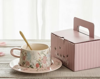 Ensemble de tasse et soucoupe lapin peinture à l'huile vintage - Tasse à café en céramique florale Cottagecore avec boîte-cadeau
