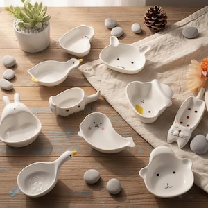 Puede incluir: Una colección de cuencos de cerámica blanca con forma de animales, como un pato, un conejo y un oso. Los cuencos están dispuestos sobre una superficie de madera con pequeñas piedras grises y una planta suculenta en maceta.