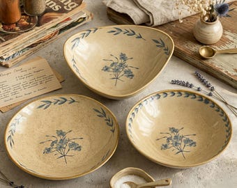 Juego de cuencos de cerámica rústica / Vajilla de estilo granja vintage / Cuenco para servir con estampado floral azul