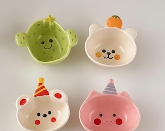 Kawaii Ceramic Snack Bowl | Cartoon Dipping Dish – Bear, Pig, Cactus & Bear | Home Decor Gift