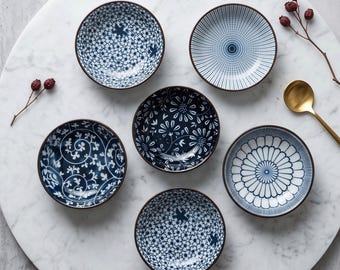 Juego de 6 cuencos de cerámica para salsas japonesas en azul y blanco / Cuenco para salsas de 10,4 cm / Plato con estampado floral