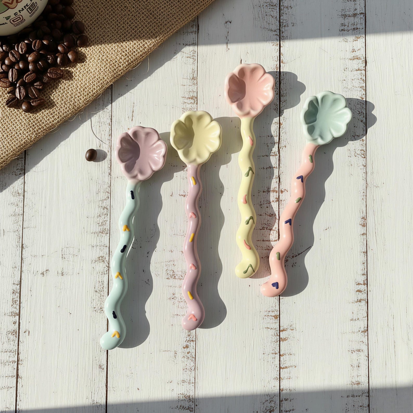 Whimsical Wavy Handle Flower Ceramic Spoon | Pastel Dessert & Coffee Spoon | Hand-Painted Teaspoon Gift