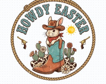 Retro Western Easter Bunny PNG: Cowboy Boot, Cactus, Eggs (Digital Download)