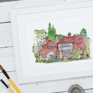 Huisillustratie. Een huisportret is met de hand geschilderd in inkt en aquarel en het perfecte moderne erfstuk of uniek housewarmingcadeau.