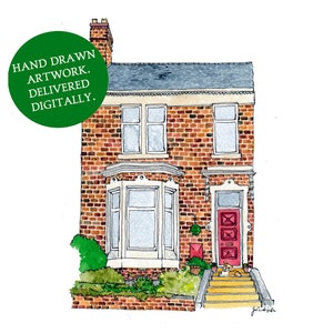 Custom Building Portrait: Digital file of your hand drawn home portrait to print at home. Personalised house drawing in ink and watercolour.