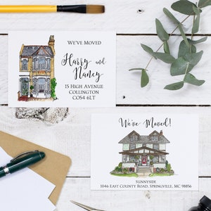 Cartões de anúncios em movimento com esboço personalizado: Mudança de endereço ou novos cartões de endereço para sua nova casa! Retrato de casa personalizado desenhado à mão.