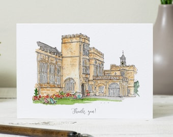 Wedding Thank You Cards: Personalised with an art sketch of your illustrated Venue. Watercolour stationery for your hand made wedding.