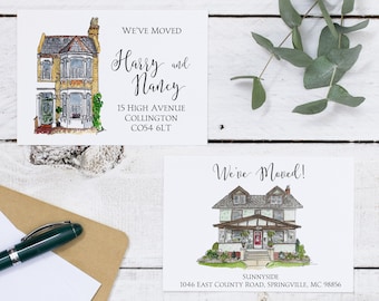 Custom Home Sketch Moving Announcement Cards: Hand-Drawn Watercolor Portrait
