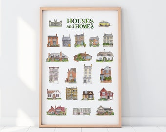 House and Homes Art Print: different types of house poster, perfect housewarming or new home gift at A2 or A3 size.