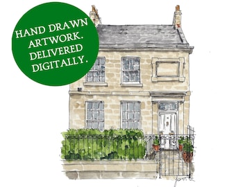 Sketch House Portrait: Digital file to print at home of your custom home illustration. Watercolour and ink house, building or home drawing.