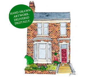 Custom Building Portrait: Digital file of your hand drawn home portrait to print at home. Personalised house drawing in ink and watercolour.