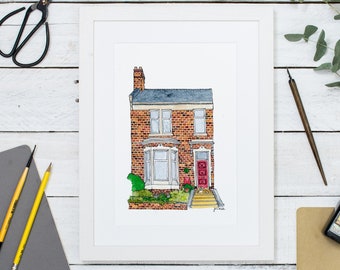 House Portrait: illustrated home drawing or building painting. Our First Home, a custom housewarming gift or bespoke home decor.