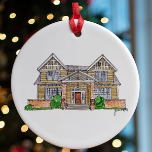 Custom Ceramic Bauble with House Sketch: Perfect housewarming or first Christmas gift, a unique tree ornament with watercolour art image 1