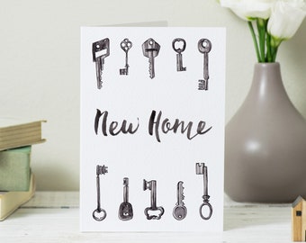 New Home Card: Keys Moving Card - Housewarming Card - Illustrated Moving Card - For Him Card - Monochrome Keys Drawing - Hand Lettered Card