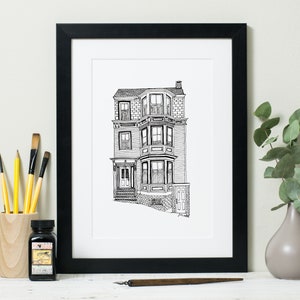 Custom House Illustration: Personalised housewarming or new home gift of a home portrait, a hand-drawn house artwork in pen and ink.